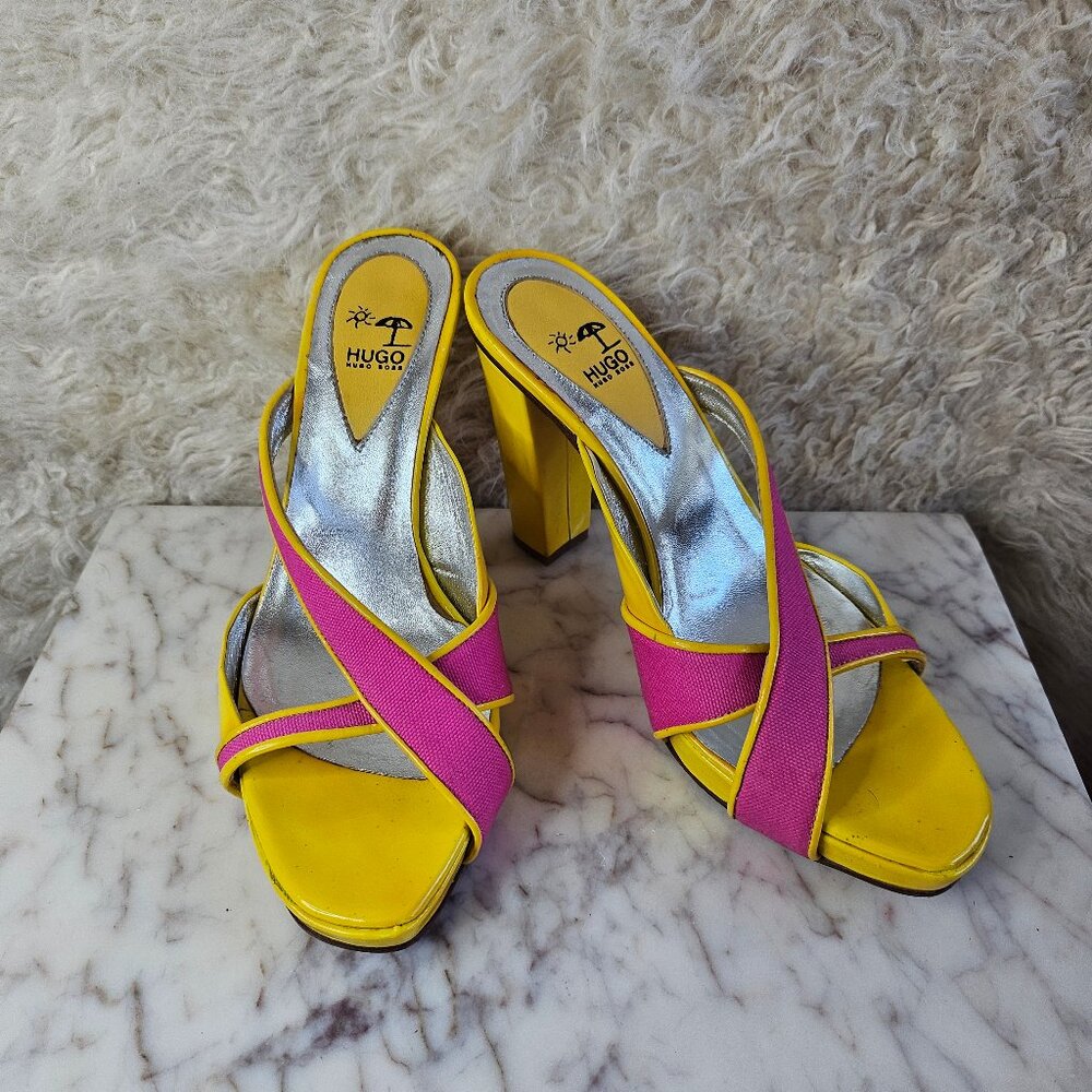 Hugo Boss Women's High Heel Yellow Patent Leather and Pink Sandal EU38/US7.5